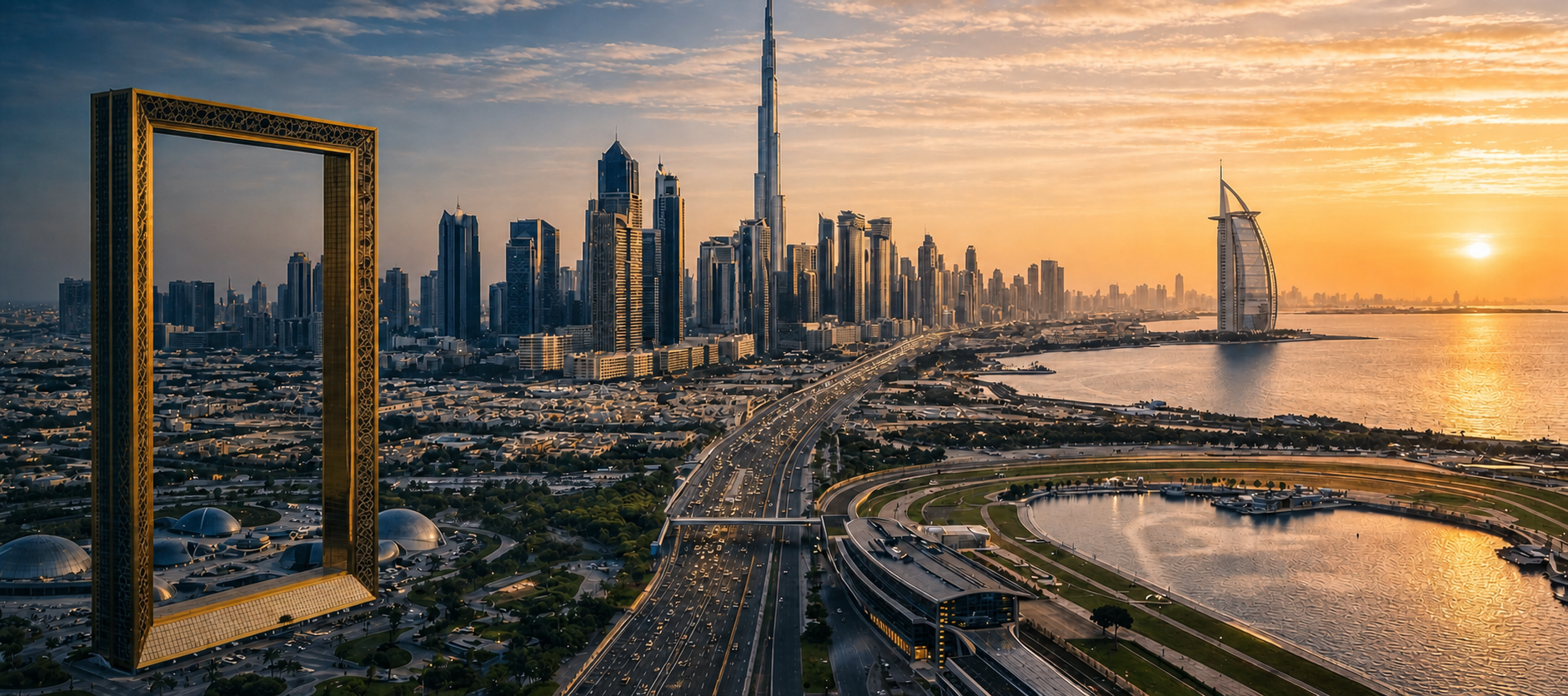 Dubai skyline and coastline at sunset