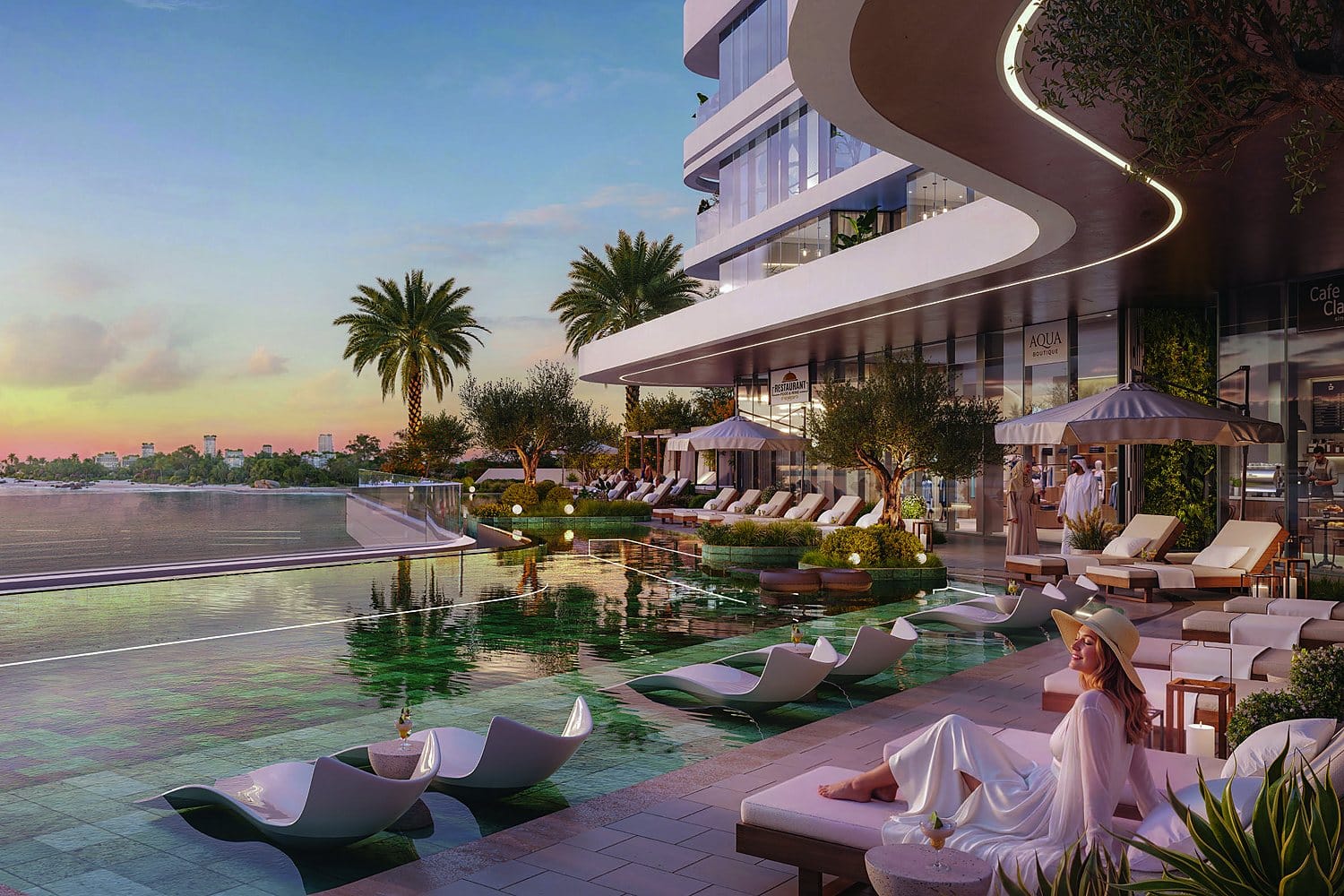 Resort-style pool deck at Linar Al Mamzar