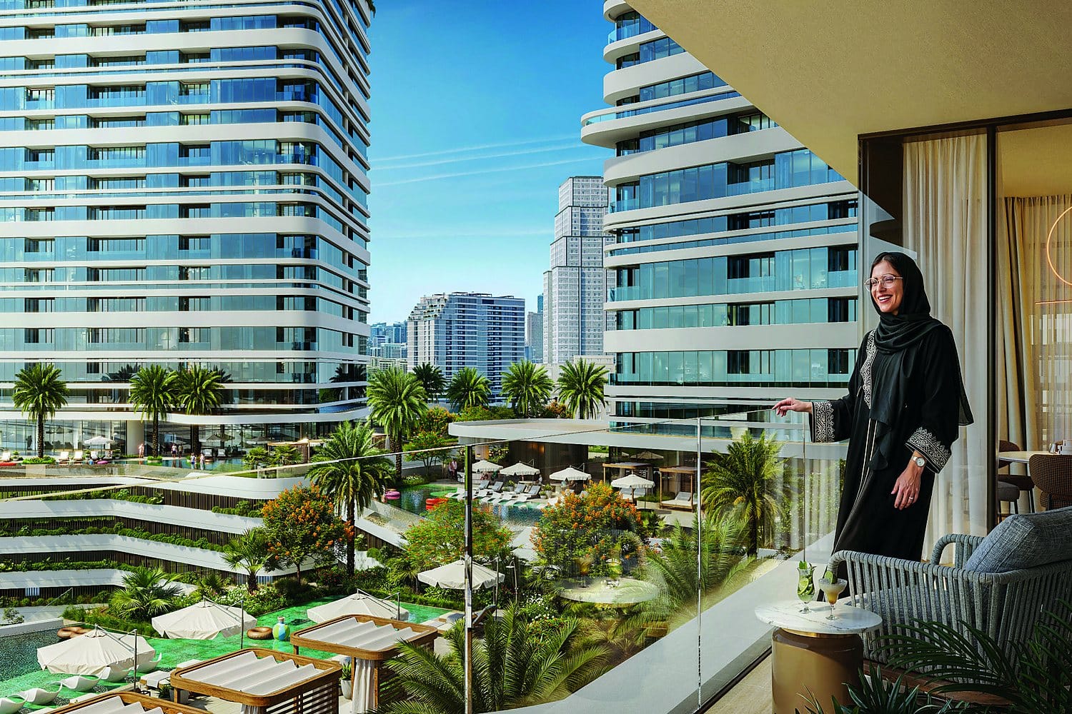 Waterfront balcony view at Linar by Alef, Al Mamzar